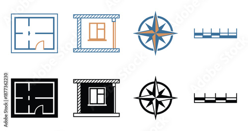 Architectural icon set features blueprint, elevation view, compass rose, and scale icons in line art style.