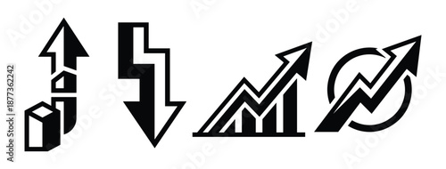 Arrows illustration set showing different trends: growth, decrease, fluctuating and cycle trend in stock market.