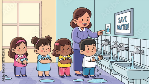 School Hygiene Lesson: Teacher and Diverse Kids Washing Hands, Learning Water Conservation