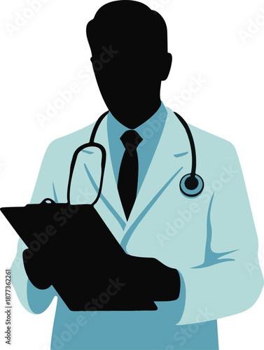 Professional Male Doctor Silhouette with Stethoscope and Clipboard Illustration