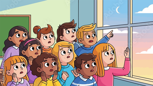 Diverse Kids in Classroom Look Out Window with Surprise and Wonder at Twilight Sky and Moon. Vector Illustration.