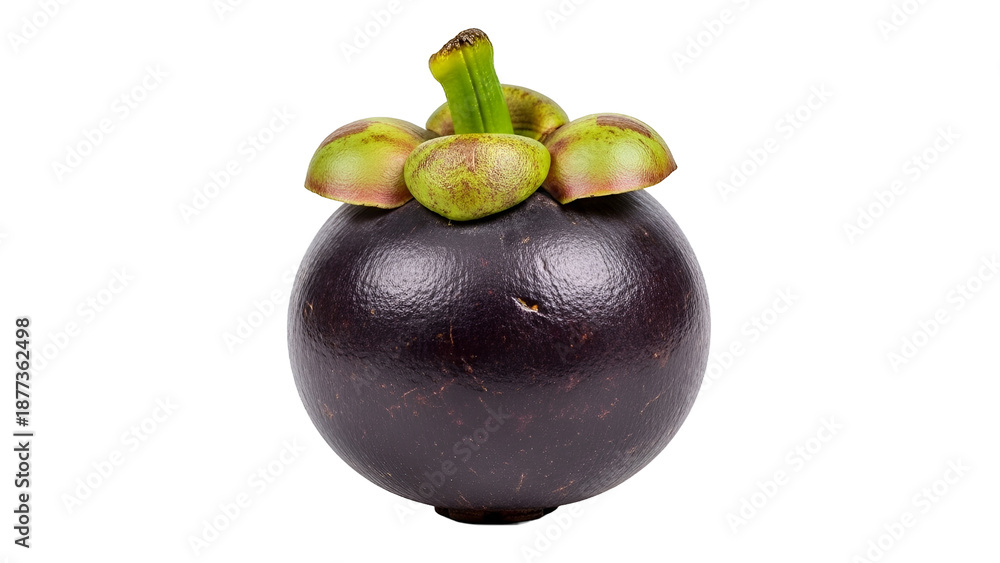 Obraz premium A single ripe mangosteen fruit with its green crown on a white background.