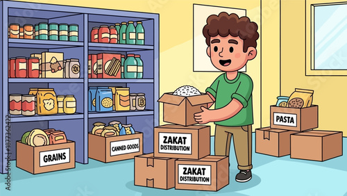 Happy Man Preparing Zakat Food Distribution Boxes in Pantry. Cartoon Illustration of Islamic Charity, Ramadan Aid, and Community Support Volunteer.