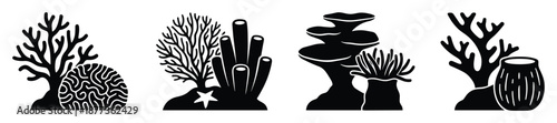 Black and white coral reef set. Aquatic plants and creatures silhouette illustration in vector art style.