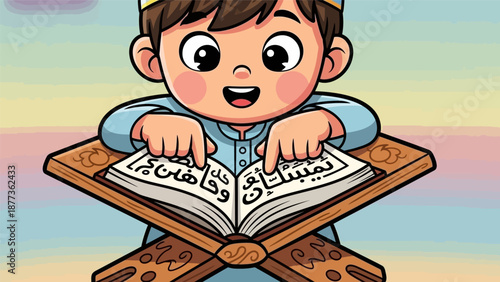 Happy Muslim Boy Cartoon Reading Quran on a Rehal, Islamic Education for Children Illustration