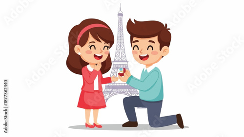 Cartoon illustration of a man proposing to a woman with a ring in front of the Eiffel Tower on one knee in a romantic scene.