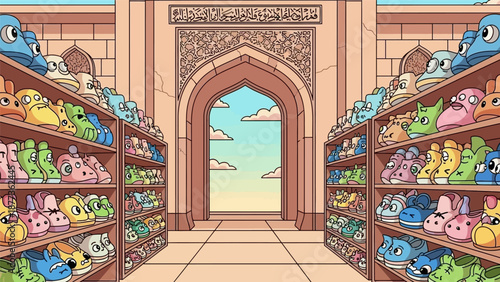 Whimsical Cartoon Shoes Stored on Shelves in a Grand Middle Eastern Archway Hall. Colorful Anthropomorphic Footwear Collection Illustration.