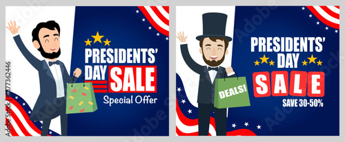 Presidents Day Sale Promotion Banner with Cartoon Character Holding Shopping Bags and US Flag Background
