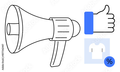 Marketing concept. Marketing ed with megaphone, thumbs-up for positive feedback, and shopping discount symbol. Marketing strategy for e-commerce, promotions, branding, retail, and content creation
