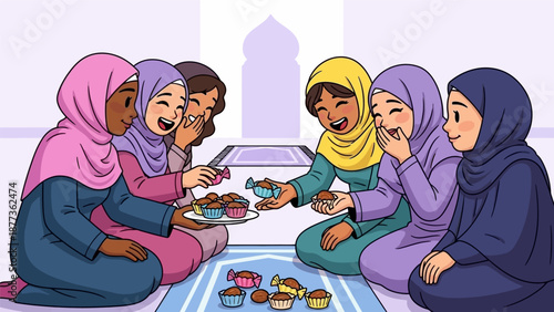 Diverse Muslim Women in Hijabs Sharing Dates and Laughing Together. Ramadan or Eid Celebration Illustration.