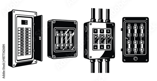 Black and white illustration of electrical fuse box panels, with fuses and switches in line art style.