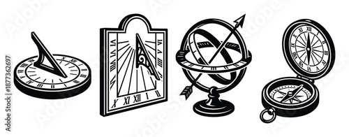 Black and white illustrations of time and direction measurement tools: sundial, compass, armillary sphere.