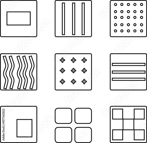 Material plate icon set representing flat metal or industrial sheet material used in manufacturing and construction. ripple texture icon tile unit narrow Ideal for engineering, factory design, apps.