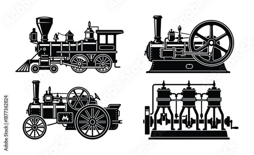 Black and white illustrations showing steam engines, train, and a traction engine in silhouette style.