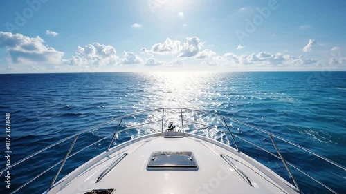 Three friends sailing on a yacht in the open sea with vibrant sunshine and clear blue sky visible from the bow viewpoint in a 4K video