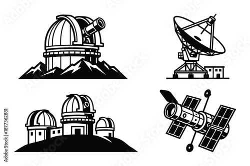 Black and white telescope observatory vector designs, radio antenna and satellite isolated illustration.
