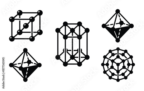 Black and white vector illustration of different crystal structures, representing lattices and atomic arrangements.