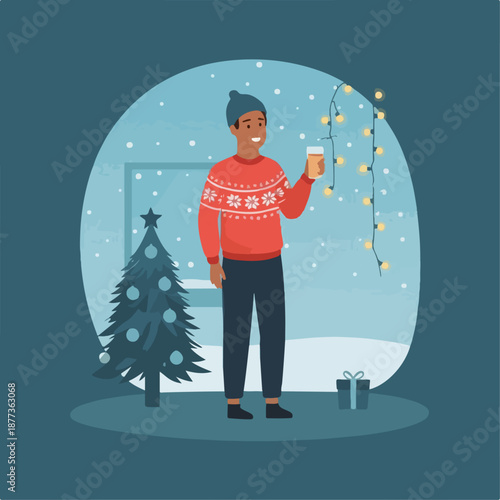 Cartoon vector illustration of a person drinking tea in winter