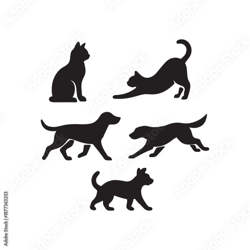 Domestic Pets Silhouette Set of Jumping Cats and Dogs