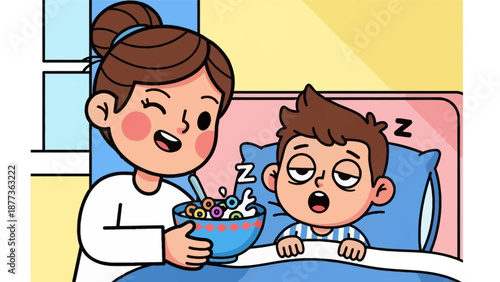 Cheerful Mother Serves Breakfast Cereal to Sleepy Boy Struggling to Wake Up in Bed. Daily Morning Routine and Tired Child Cartoon Illustration.