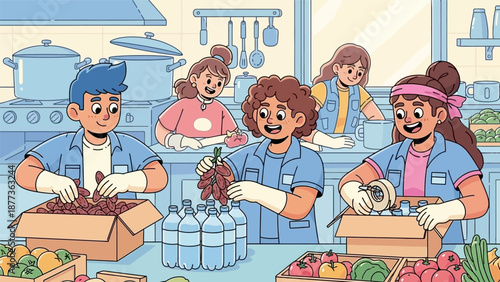 Happy Volunteers Packaging Food Aid Supplies, Dates, and Water in a Busy Community Kitchen Illustration