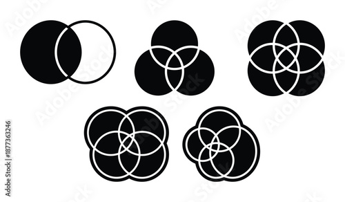 Black and white Venn diagrams with circle overlaps showing relationships and set theory illustrations.