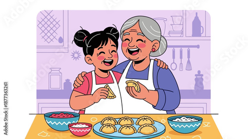 Generational Cooking: Happy Grandmother and Granddaughter Making Empanadas or Dumplings Together. Family Bonding, Traditional Recipes, Flat Vector Illustration.