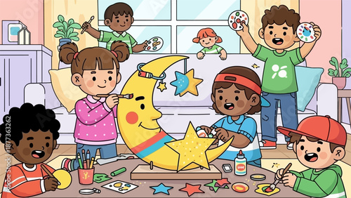 Joyful Multicultural Children Group Creating Art and Crafts Together, Painting a Cute Moon and Star Decoration in a Bright Room