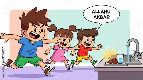Energetic Cartoon Kids Running to Break Fast (Iftar) during Ramadan, Exclaiming "Allahu Akbar"