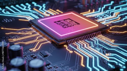 Microchip processing data on a circuit board with glowing blue and orange pathways and a central processing unit highlighted