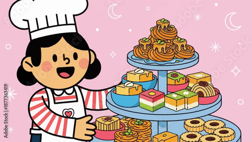 Adorable Cartoon Chef with Tiered Dessert Platter | Vector Illustration of Traditional Middle Eastern Sweets, Baklava, and Festive Treats on Pink.