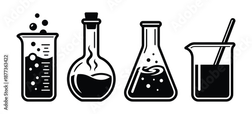 Black laboratory glassware with different shapes and liquid. Great for science and research materials.