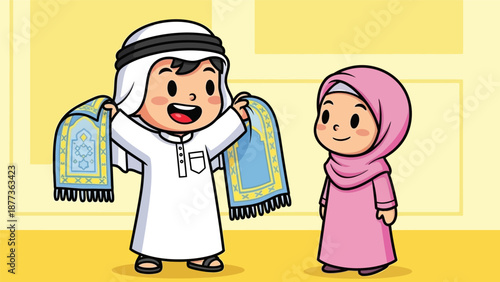 Cute Muslim Boy Holding Prayer Rug (Sajjada) for Girl. Islamic Cartoon Kids Illustration for Ramadan, Eid al-Fitr, or Religious Education