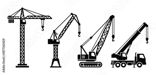 Black construction cranes silhouettes collection: tower, mobile, crawler and truck cranes for industrial building projects.