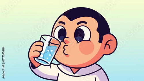 Cute Cartoon Boy Drinking Water from Glass. Vector Illustration of Child Hydration, Thirst Quenching, and Refreshment.