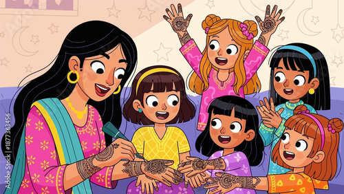 Cheerful Women and Girls Getting Mehndi (Henna) Applied for Eid Celebration or Indian Festival. Cartoon Illustration.
