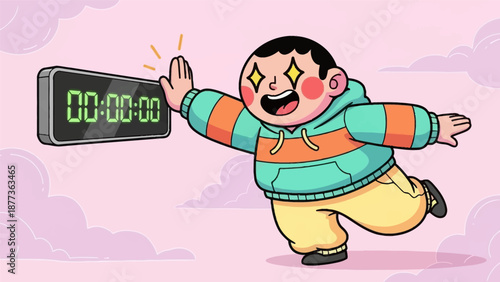 Happy Cartoon Kid Reaching for Digital Timer at 00:00:00, New Beginning, Reset, Motivation, and Goal Success Concept.