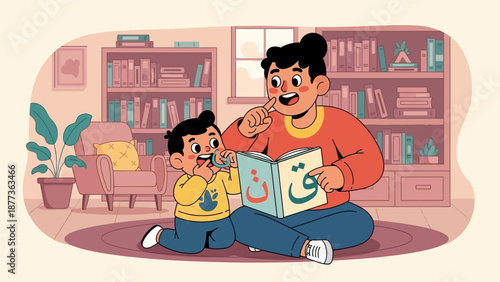 Parent Teaching Child Arabic Alphabet and Phonics at Home. Early Childhood Education, Language Literacy, and Family Bonding Illustration.