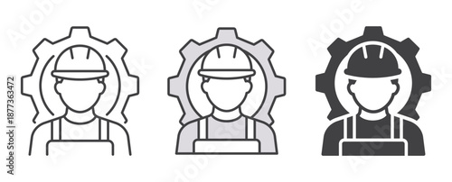 Construction worker and gear icon set. Representing technical service, professional maintenance, industrial workforce, and repair operations. Outline and filled icons collection.