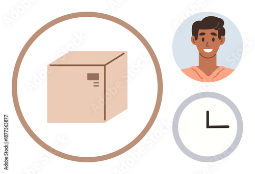 E-commerce, delivery scheduling, customer service, logistics, punctuality, user feedback. A smiling person, clock and box. E-commerce and delivery scheduling concept