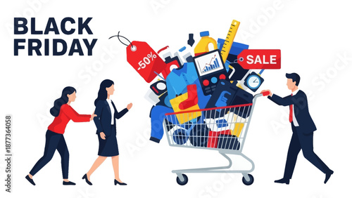 Excited shoppers push a cart brimming with merchandise and discounts, celebrating the massive savings of Black Friday