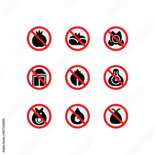 A grid of nine universal prohibition signs displaying forbidden food items, animals, and hazardous materials.