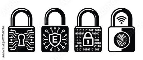 Collection of cyber security padlocks icons set, depicting data encryption, secure network, and access control technologies.