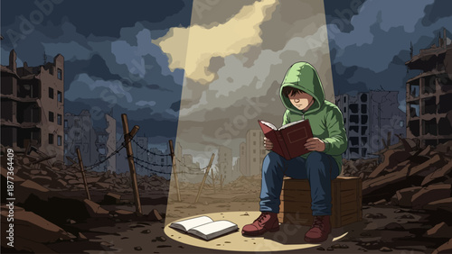 Boy reads a book in a beam of light amidst war-torn ruins, symbolizing hope and knowledge in desolate circumstances