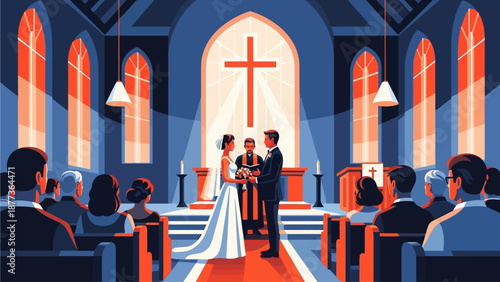 A beautiful illustration of a wedding ceremony taking place inside a church, with a bride and groom exchanging vows in front of guests