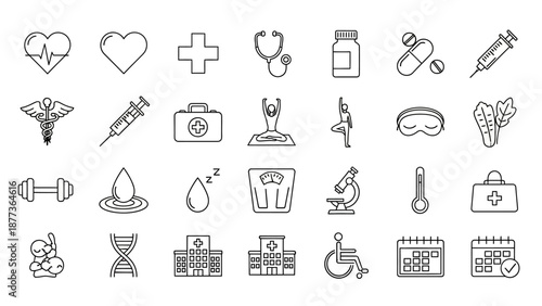 Collection of Medical and Health Icons Representing Healthcare Services and Wellness Activities