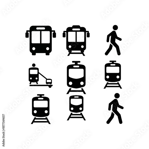 A collection of black silhouette icons depicting various public transportation vehicles including buses, trains, and walking pedestrians.