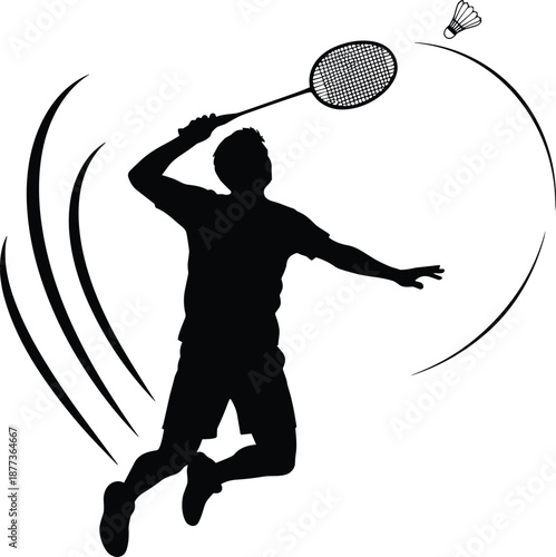 Badminton player silhouette jumping smash shot, shuttlecock and racket motion, dynamic sport action illustration, isolated on white background for fitness and competition