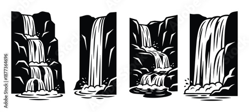 Collection of four unique waterfall illustrations. Cascading water flows powerfully down rugged rocks, bold graphic style.