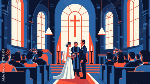 A wedding ceremony taking place in a beautifully decorated church with guests in attendance, celebrating love and commitment